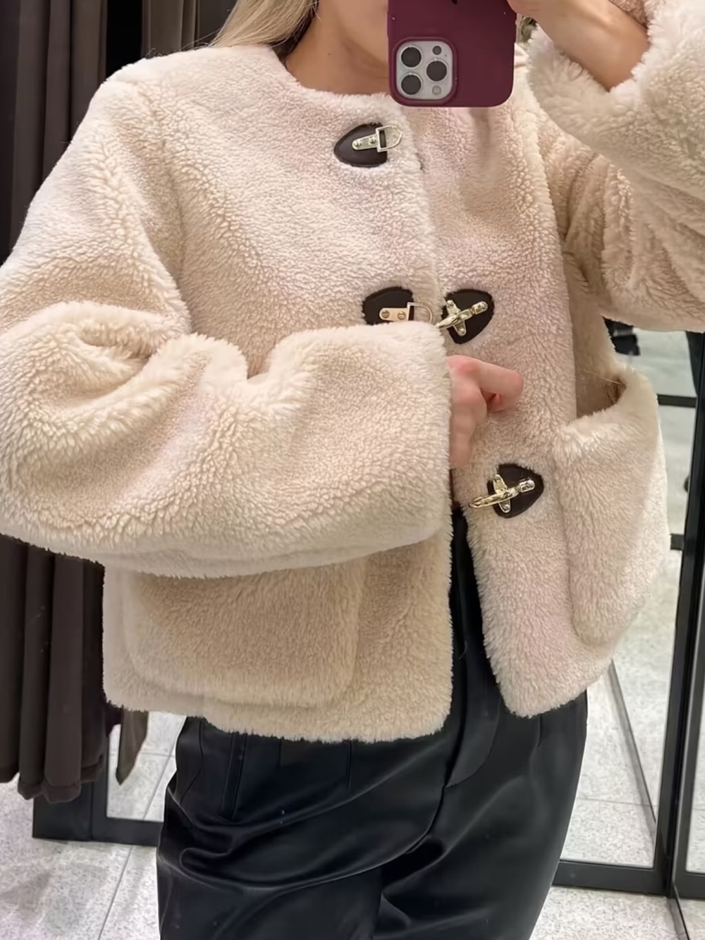 Autumn Winter Women Warm Cropped Coats O Neck Long Sleeve Horn Button Jackets